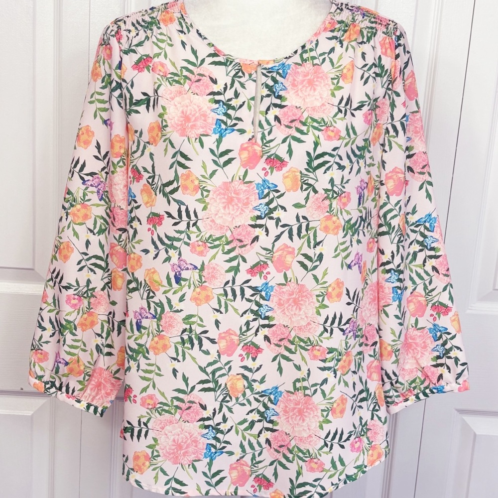 NWT Crosby Pink Floral Butterfly Print Smocked 3/4 Sleeve Blouse Large